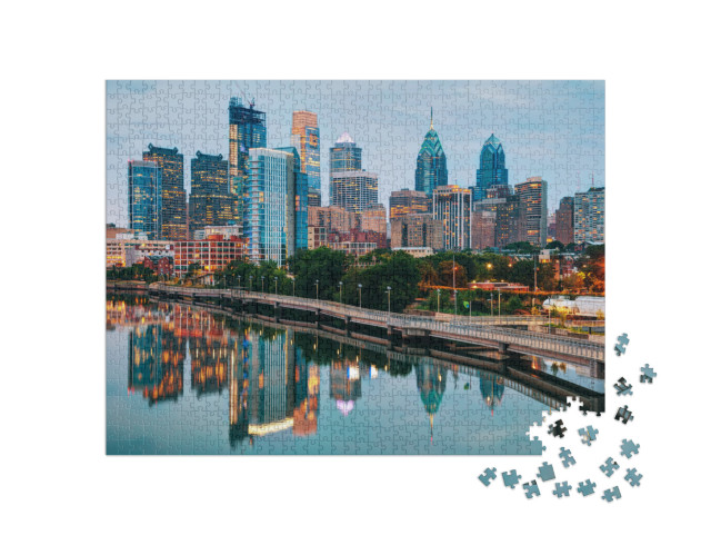 puzzle 1000 dílků „Noční panorama Filadelfie s řekou Schuylkill“