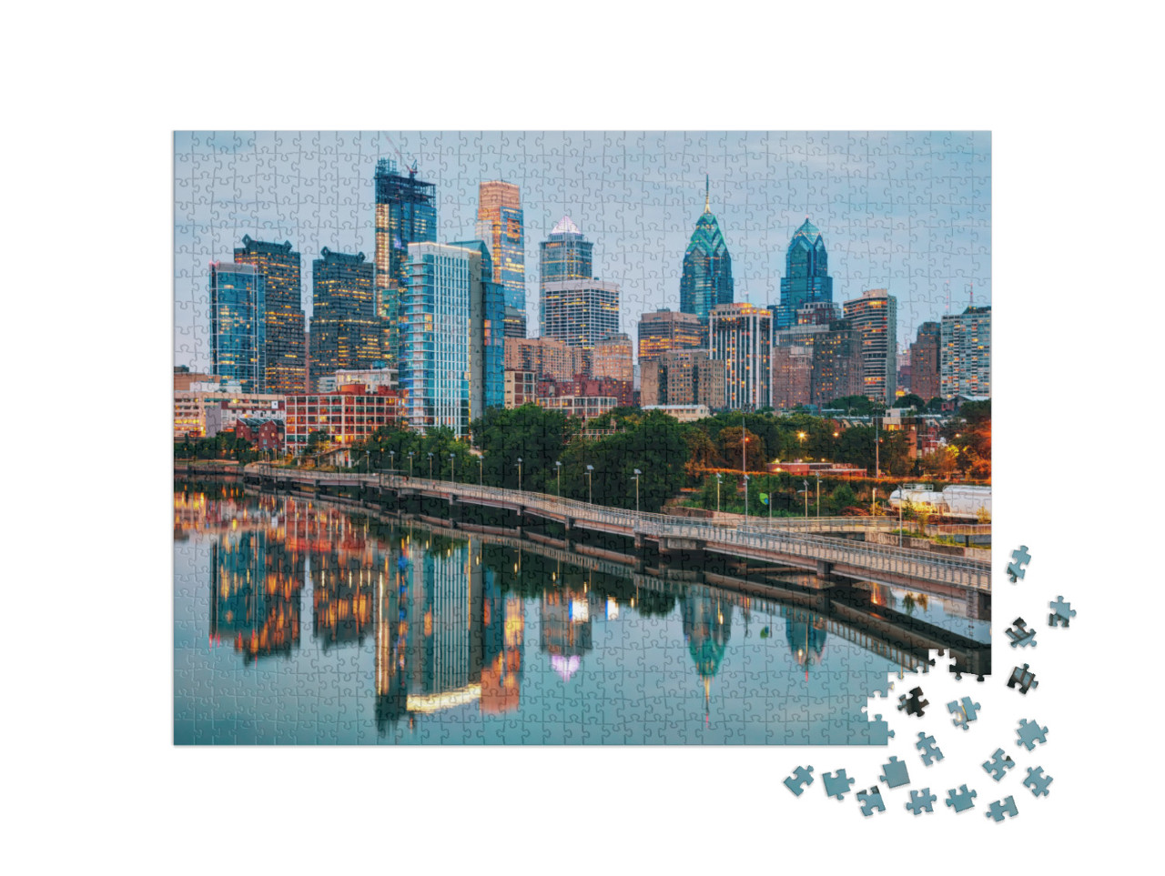 puzzle 1000 dílků „Noční panorama Filadelfie s řekou Schuylkill“