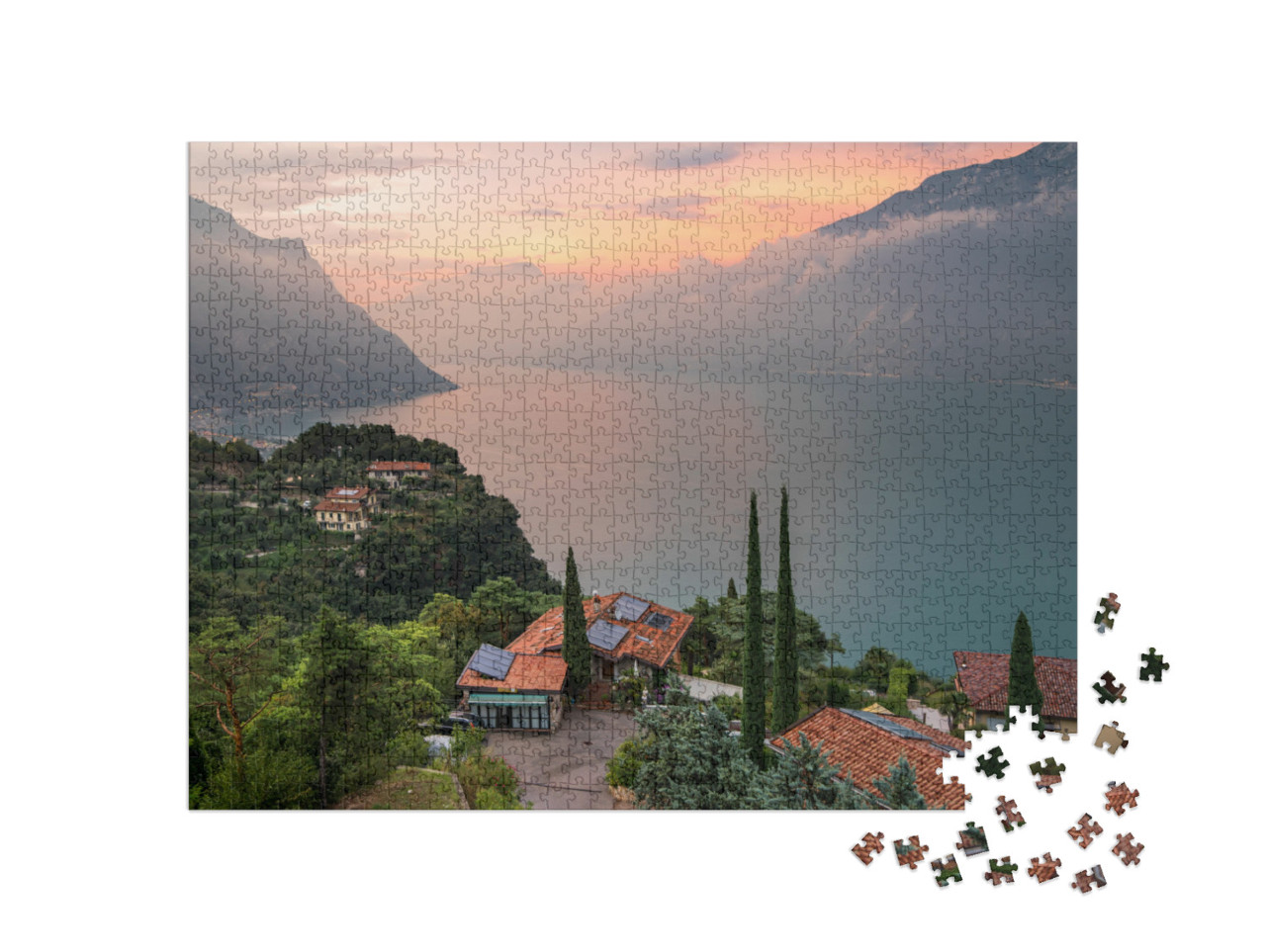 puzzle 1000 dílků „Večerní panorama jezera Lago di Garda, Itálie“