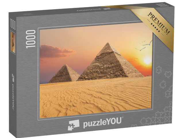 puzzle 1000 dílků „Chefrenova pyramida a Cheopsova pyramida, západ slunce, Gíza“