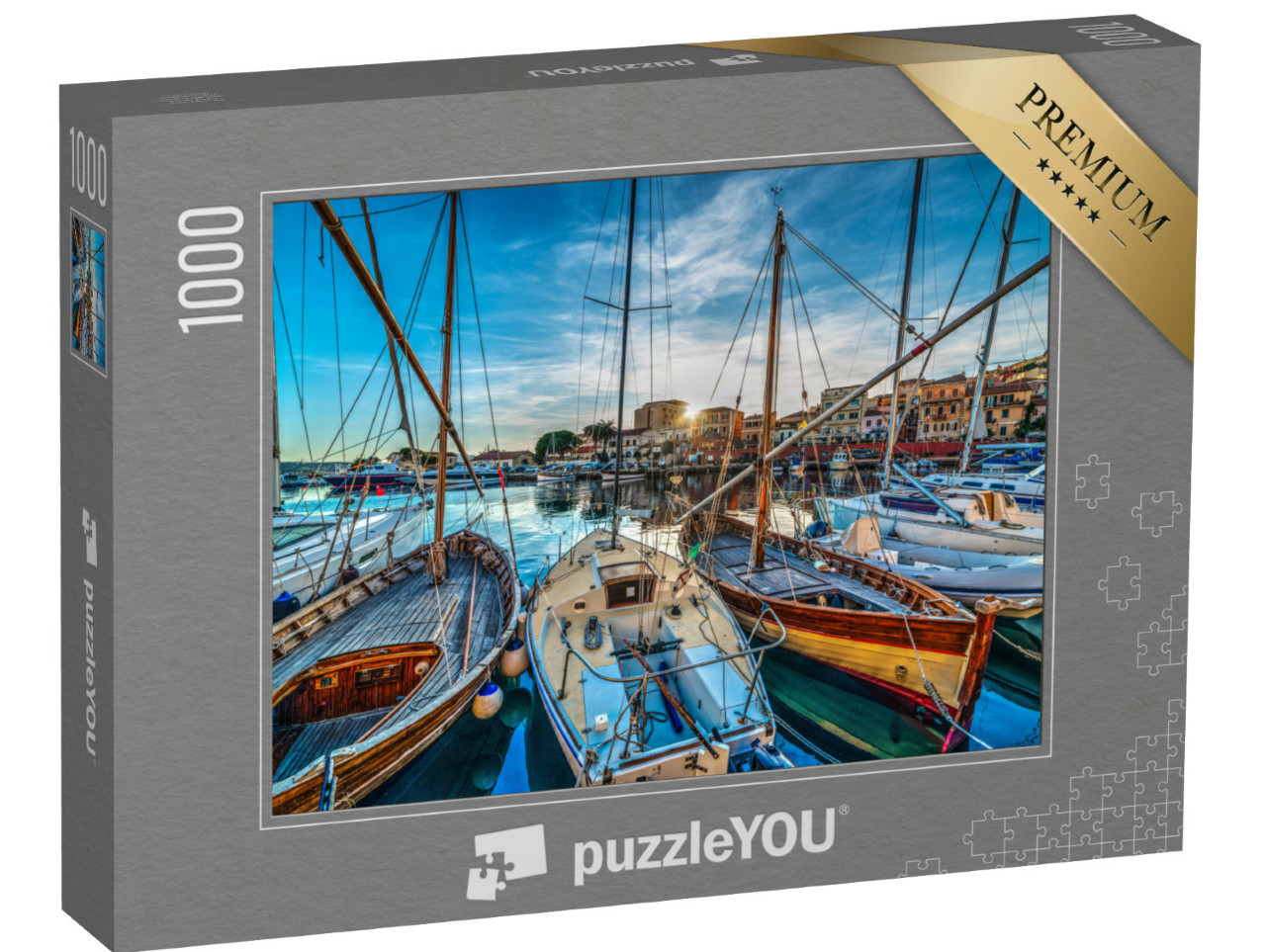 puzzle 1000 dílků „Dřevěné lodě v přístavu La Maddalena, Sardinie, Itálie“