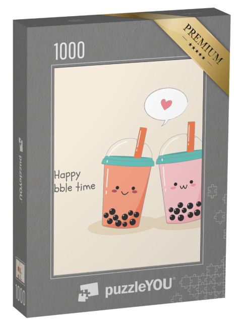 puzzle 1000 dílků „Roztomilý pár bublinkových mléčných čajů v plastových nádobách...“