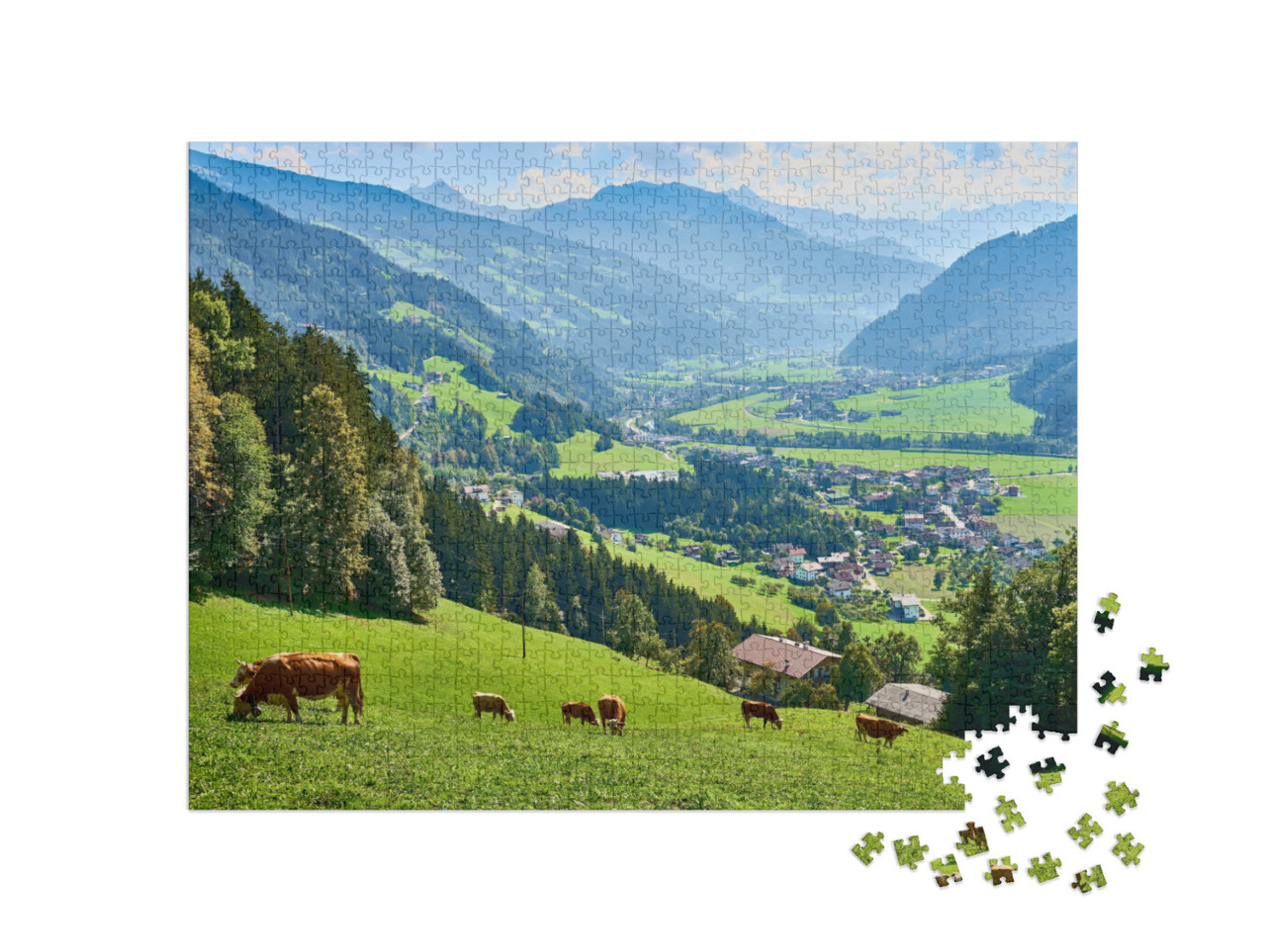 puzzle 1000 dílků „Pohled na krásný Zillertal v Tyrolsku, Rakousko“