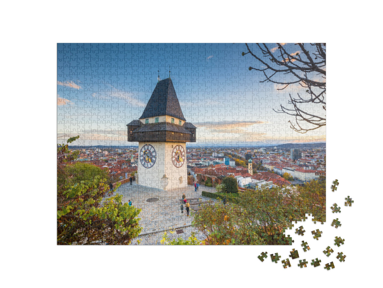 puzzle 1000 dílků „Klasické panorama: Štýrský Hradec s hodinovou věží při západu slunce, Štýrsko“