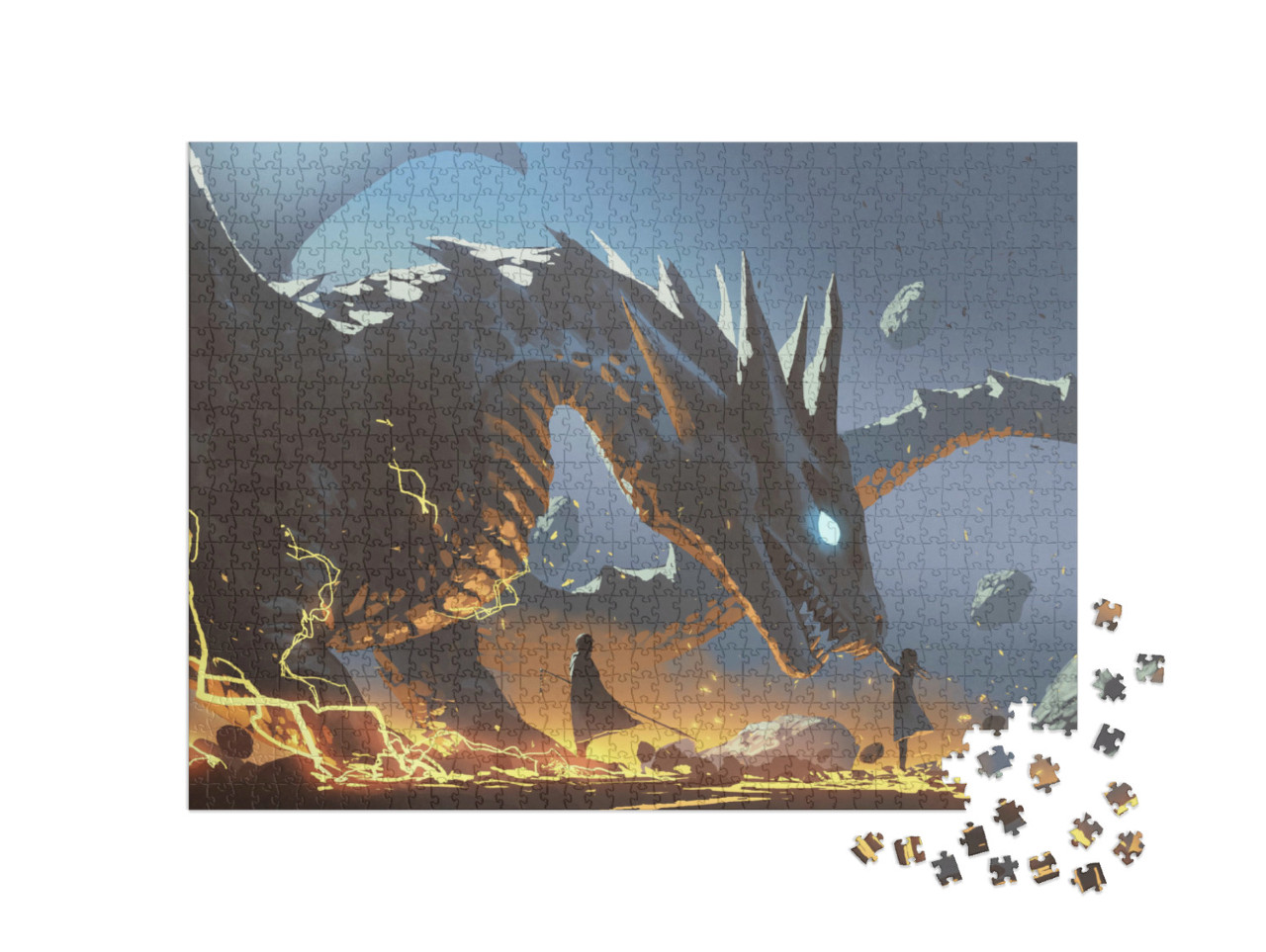 puzzle 1000 dílků „Fantasy scéna ženy sahající po drakovi“