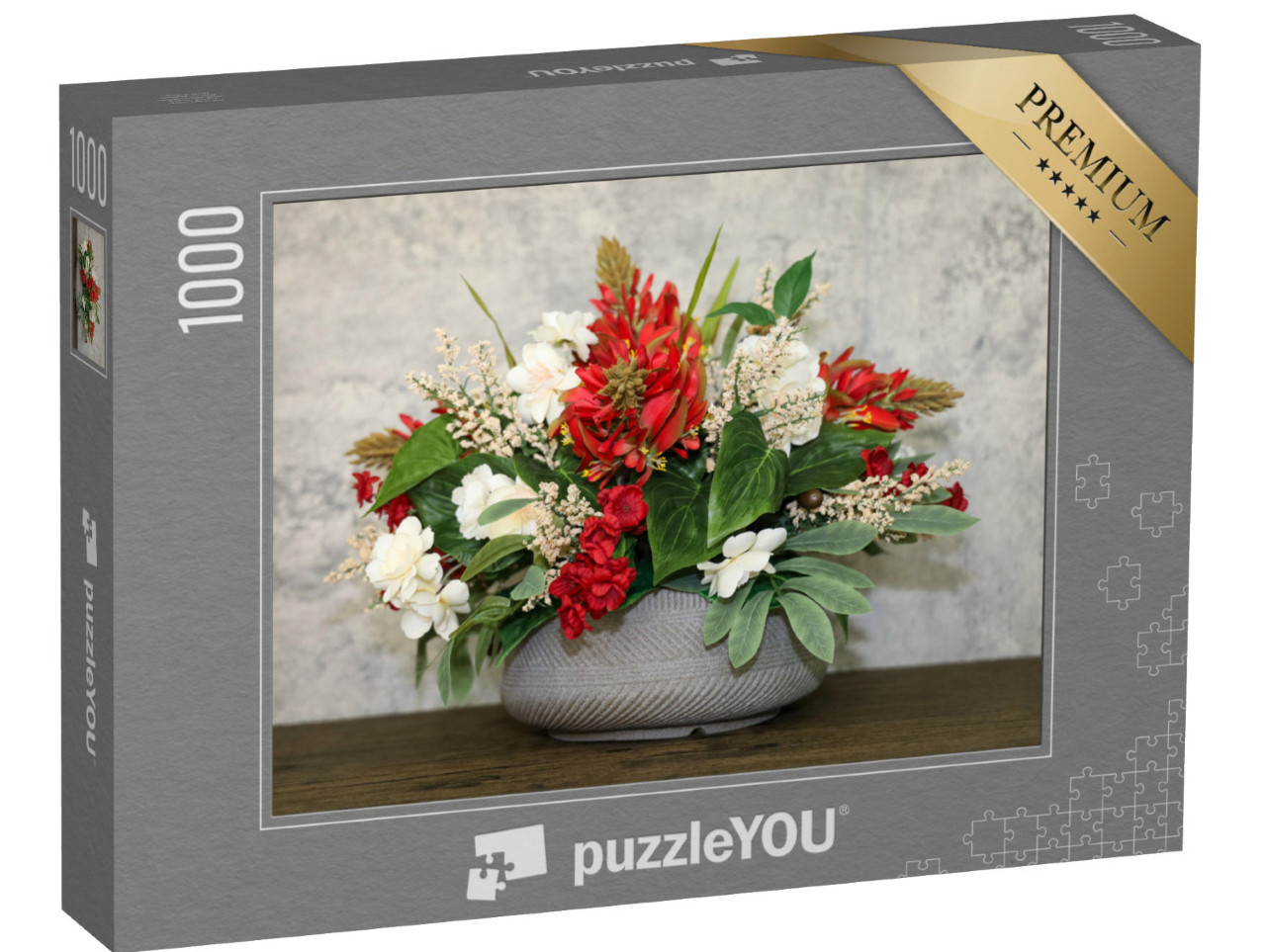 puzzle 1000 dílků „Aranžmá s červenými květy a květy v barvě slonové kosti“