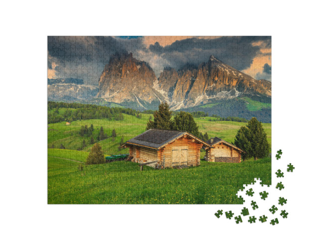 puzzle 1000 dílků „Jaro na Alpe di Siusi se skupinou Sassolungo, Dolomity, Itálie“