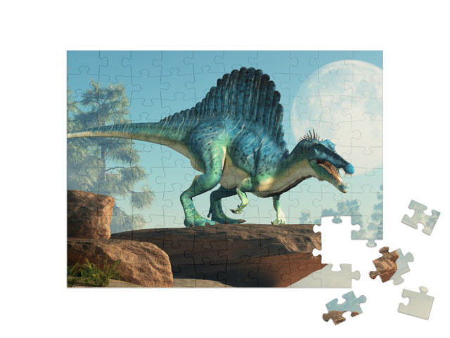 puzzle 100 dílků „3D ilustrace: Spinosaurus na útesu za svitu měsíce“