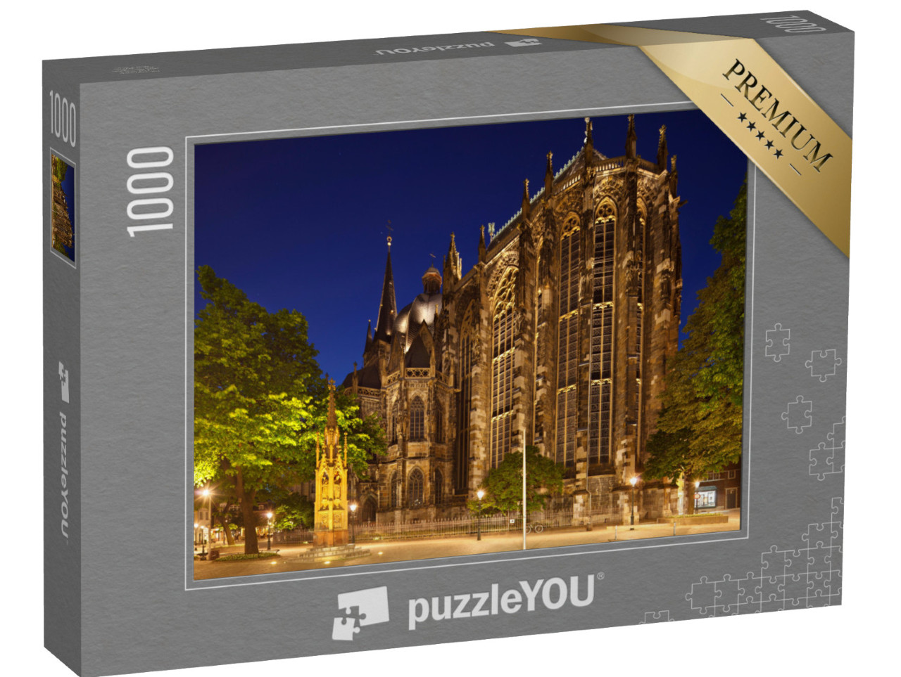 puzzle 1000 dílků „Zadní část katedrály v Cáchách před noční modrou oblohou, Německo“