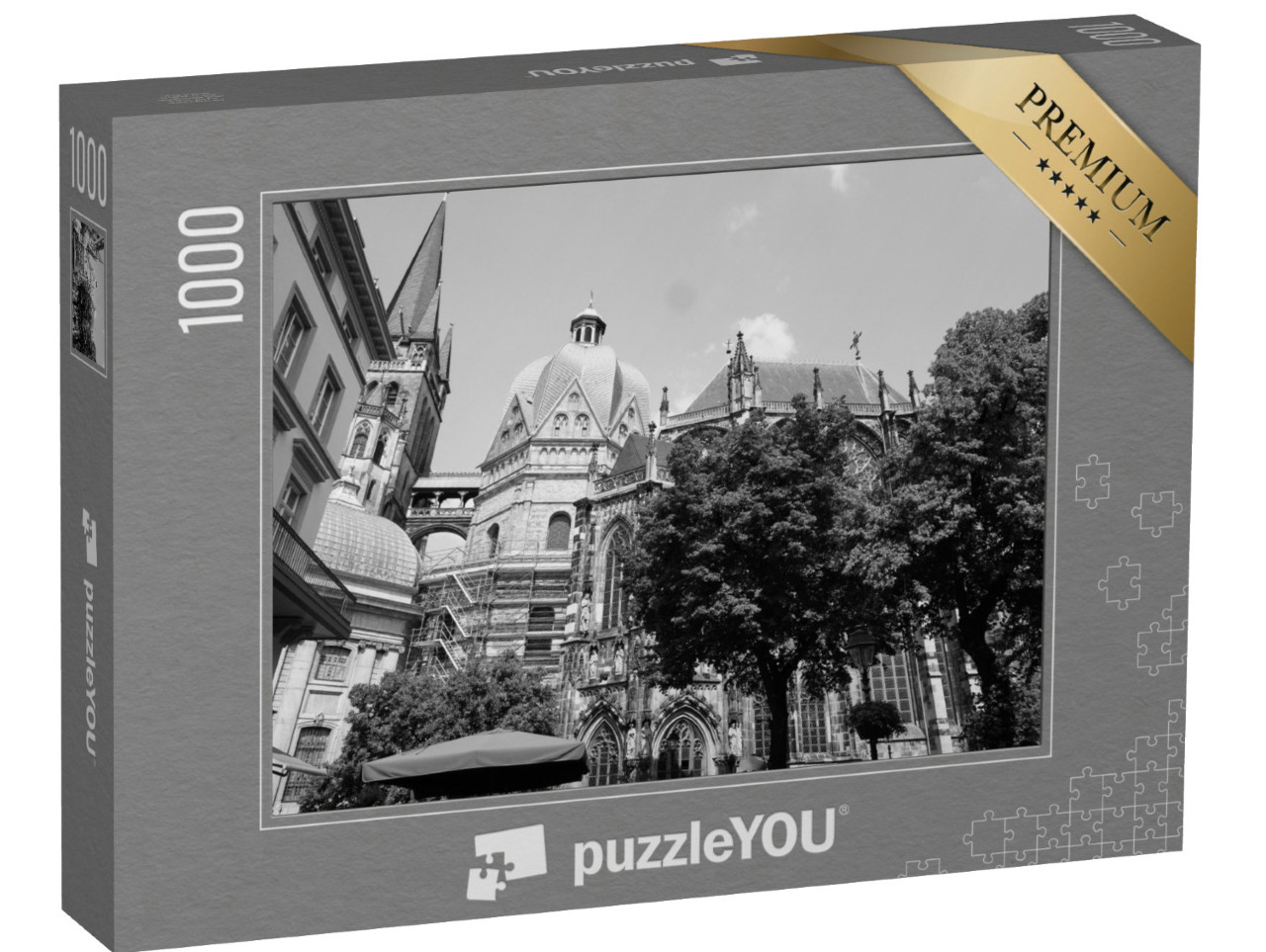 puzzle 1000 dílků „Katedrála v Cáchách, Německo, černobíle“