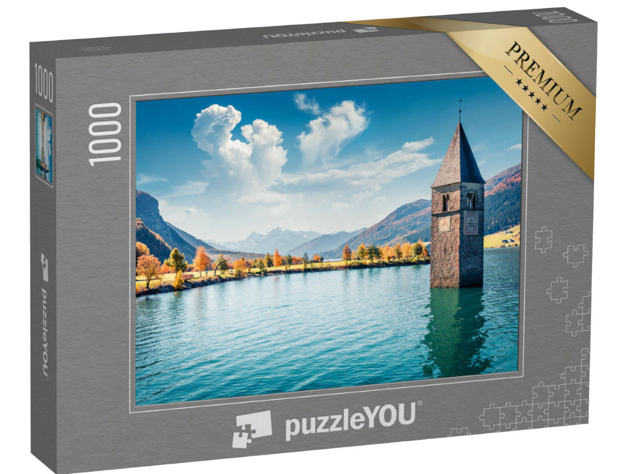 puzzle 1000 dílků „Malebný podzimní pohled z věže potopeného kostela v Resii, Jižní Tyrolsko“
