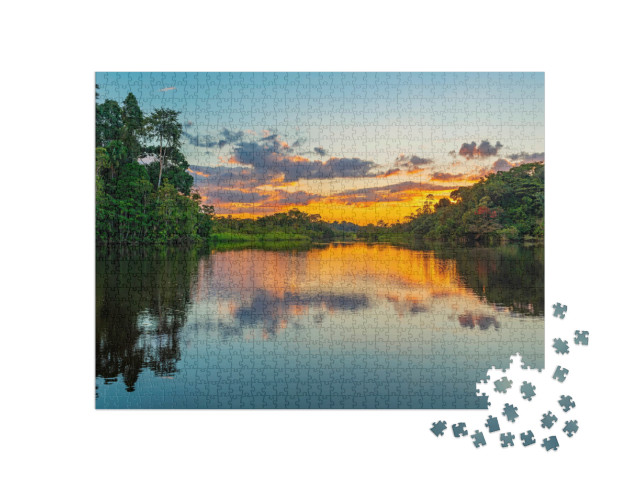 puzzle 1000 dílků „Západ slunce v laguně v povodí amazonského deštného pralesa“