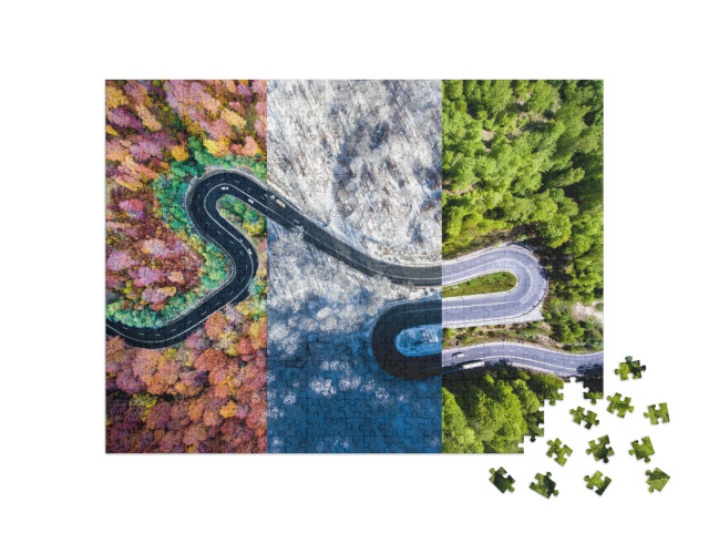 puzzle 500 dílků „Klikatá cesta lesem v průběhu ročních období“