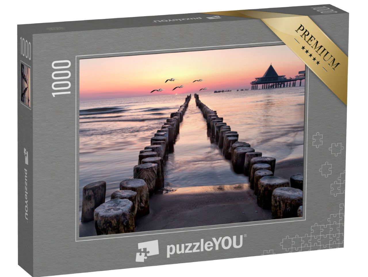 puzzle 1000 dílků „Východ slunce s racky na pláži v Usedomu, Baltské moře“