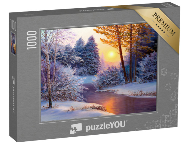 puzzle 1000 dílků „Zimní krajina s řekou, olejomalba“