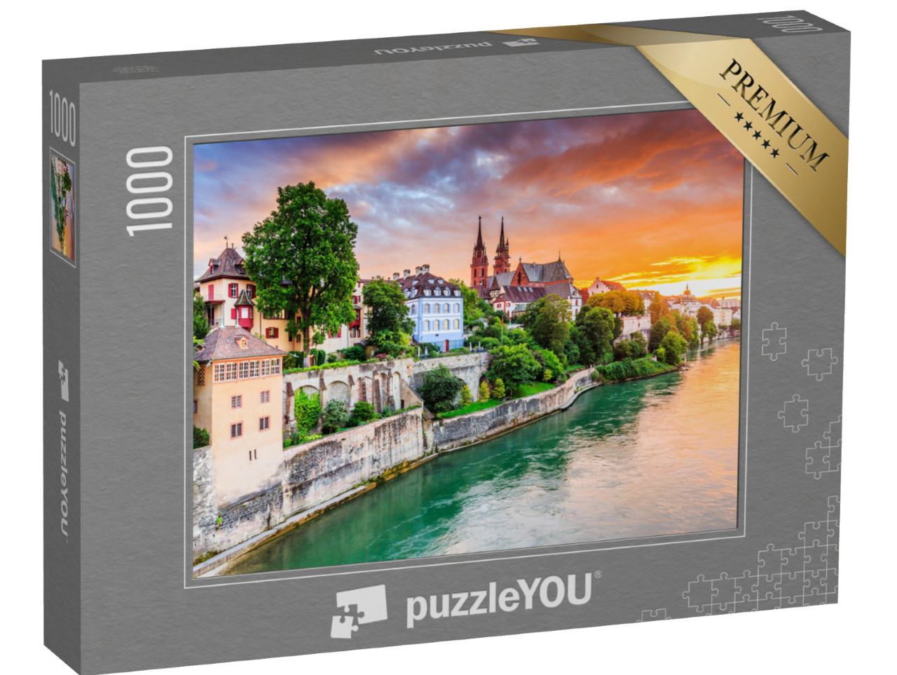 puzzle 1000 dílků „Staré město Basilej s červenou katedrálou na Rýně, Švýcarsko“