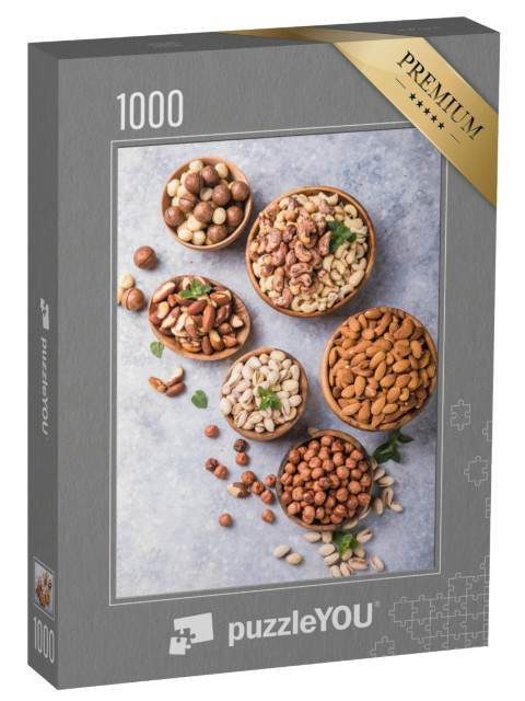 puzzle 1000 dílků „Sortiment ořechů v dřevěných miskách“