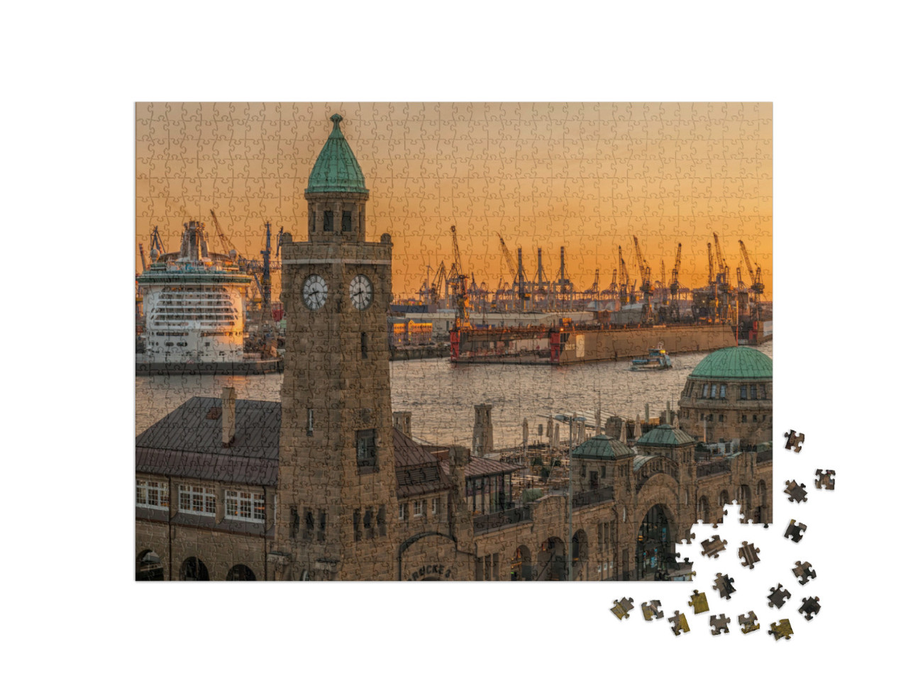 puzzle 1000 dílků „Západ slunce nad moly a přístavem, Hamburk“
