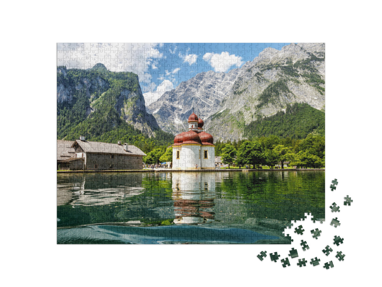 puzzle 1000 dílků „Pohled na kostel svatého Bartoloměje od jezera Königssee, Bavorsko“