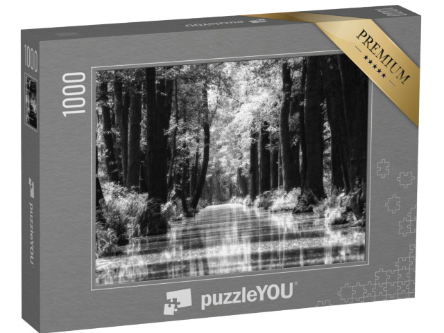 puzzle 1000 dílků „Neue Spree Burg-Kauper-Leipe, Spreewald, Německo, černobíle“