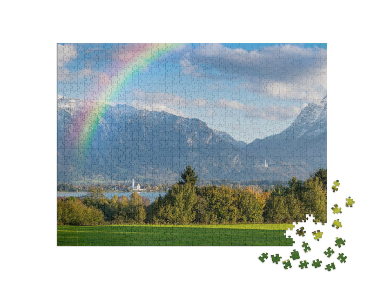 puzzle 1000 dílků „Podzimní panorama krajiny s duhou nad jezerem Forggensee“