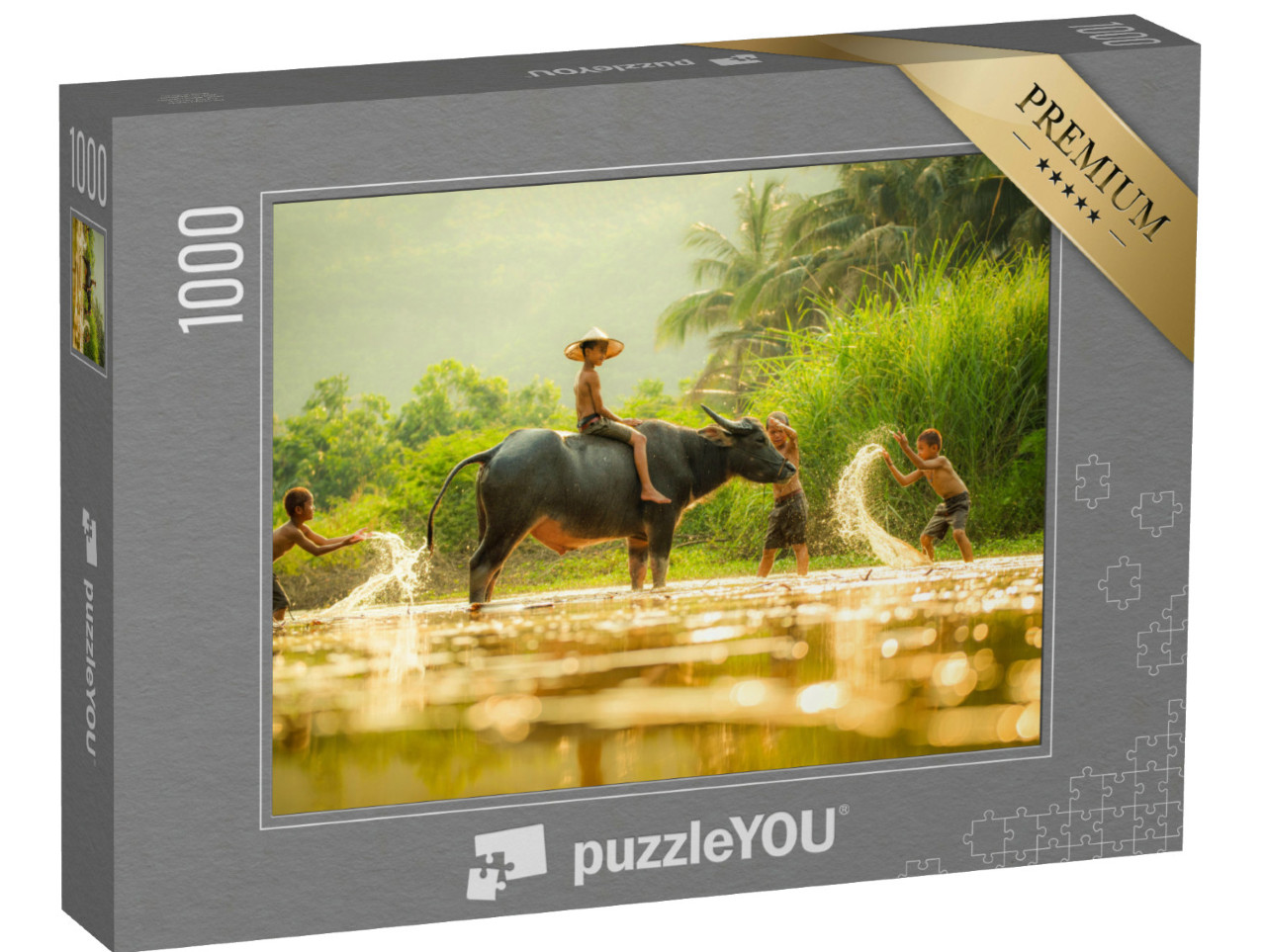 puzzle 1000 dílků „Vodní hry - chlapci a vodní buvoli v Asii“