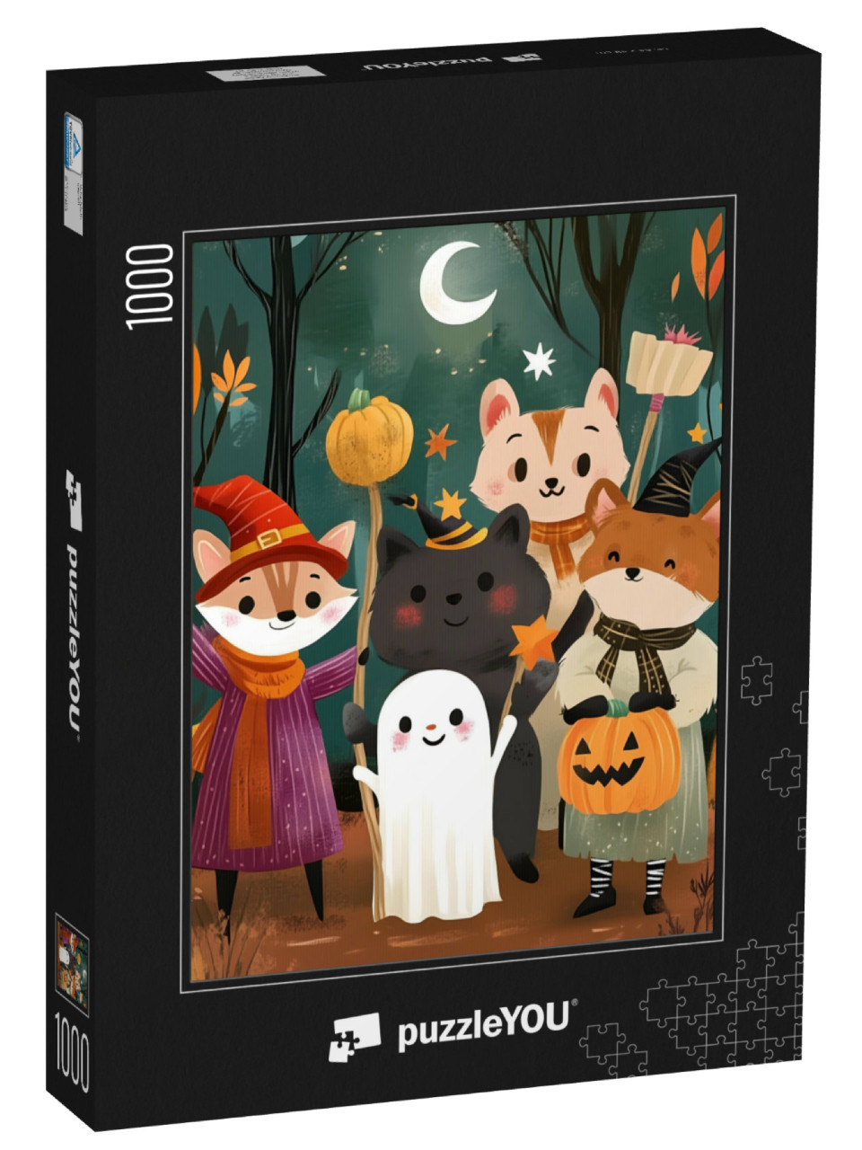 puzzle 1000 dílků „Zvířecí kamarádi slaví Halloween“