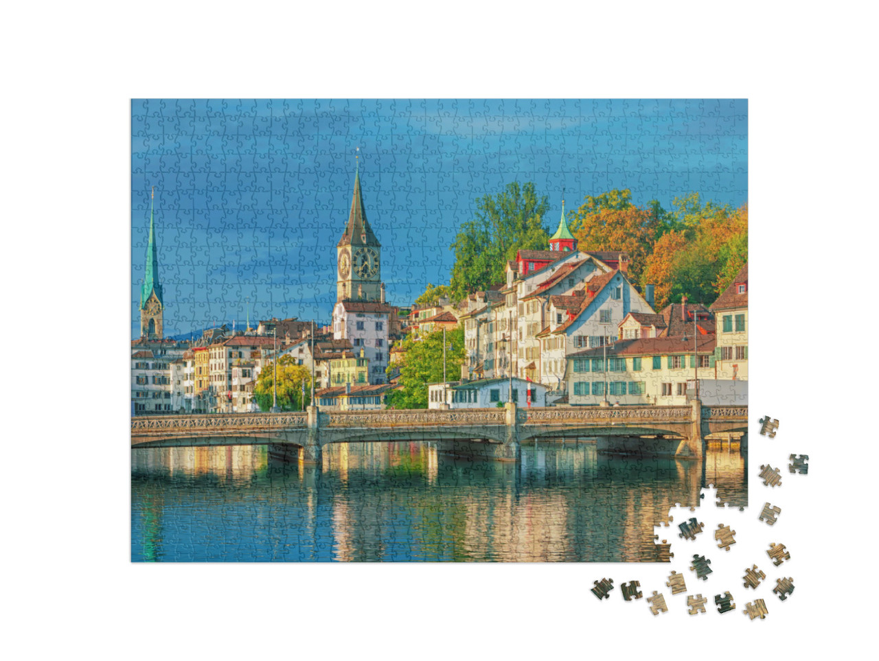 puzzle 1000 dílků „Východ slunce nad historickým centrem Curychu, Švýcarsko“