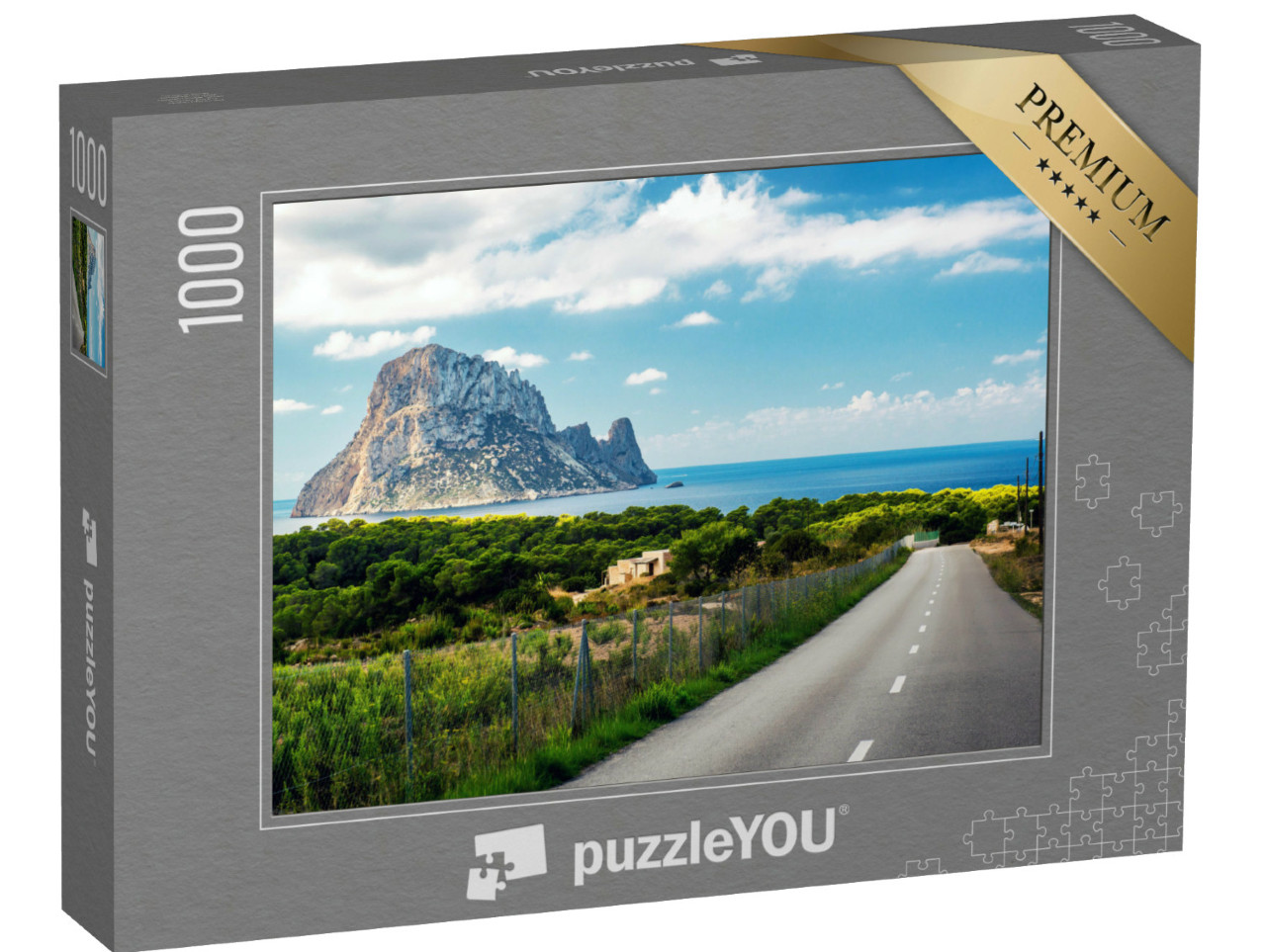 puzzle 1000 dílků „Cesta na pláž Cala d'Hort s výhledem na Es Vedra, Ibiza, Španělsko“