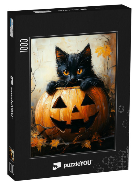 puzzle 1000 dílků „Černá kočka v dýni Halloween“