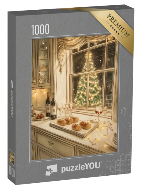 puzzle 1000 dílků „Všechno se rozsvítí: Skořicové buchty a víno na Štědrý den“