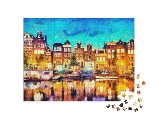 puzzle 1000 dílků „Amsterdam: Domy u kanálu, olejomalba“