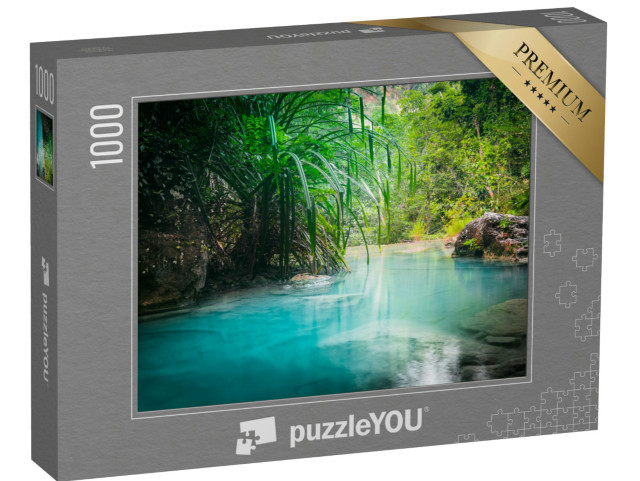 puzzle 1000 dílků „Tyrkysově zbarvená voda kaskádového vodopádu Erawan, Thajsko“
