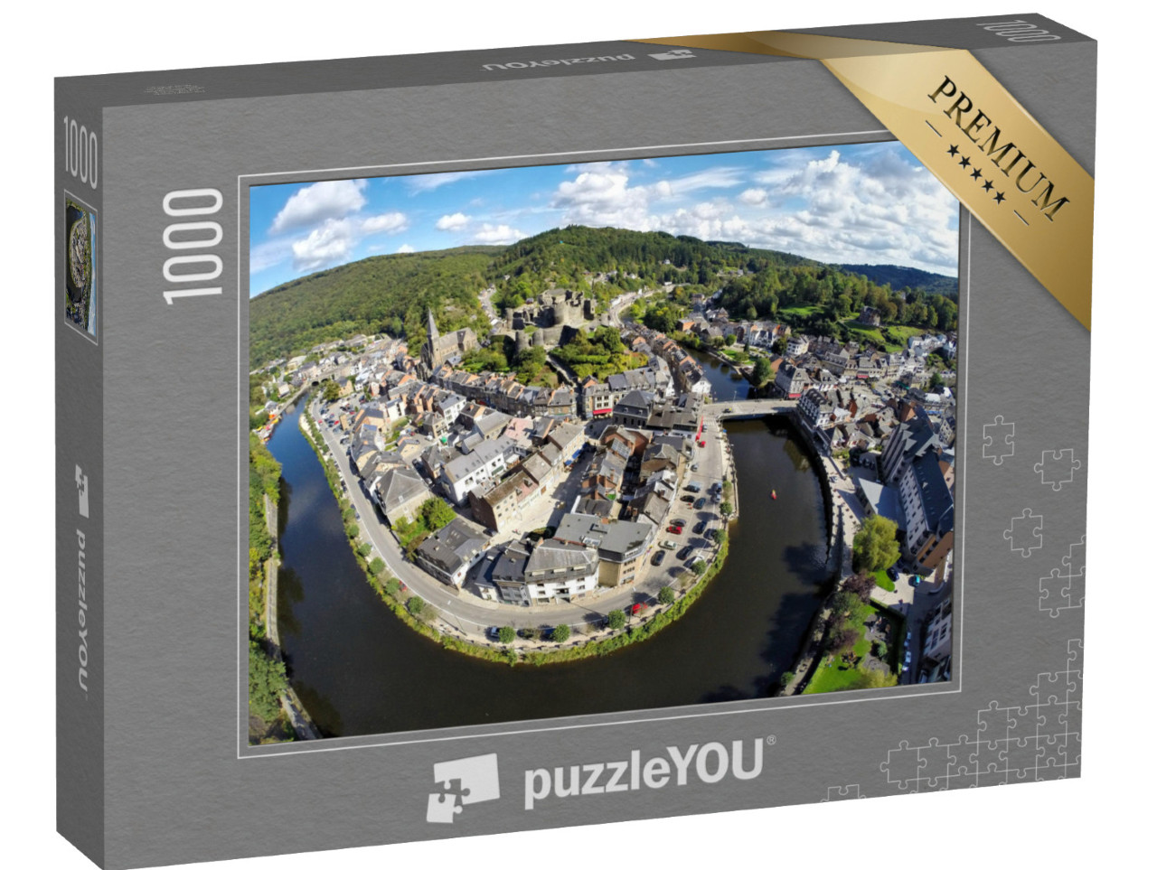 puzzle 1000 dílků „Letecký pohled na belgické město La Roche-en-Ardenne s řekou Ourthe“