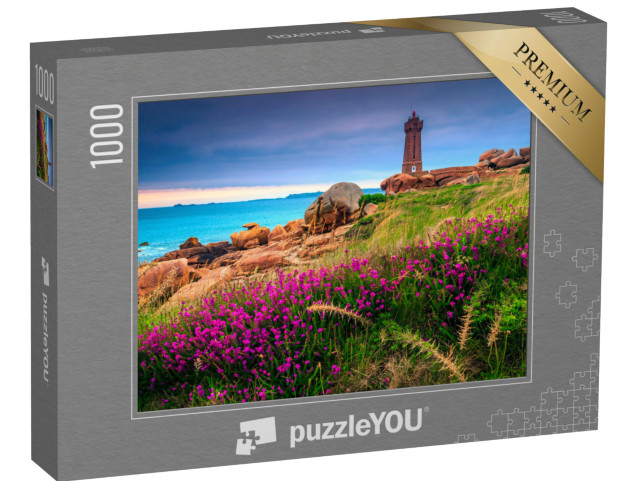 puzzle 1000 dílků „Maják a květiny při západu slunce, Bretaň, Francie“