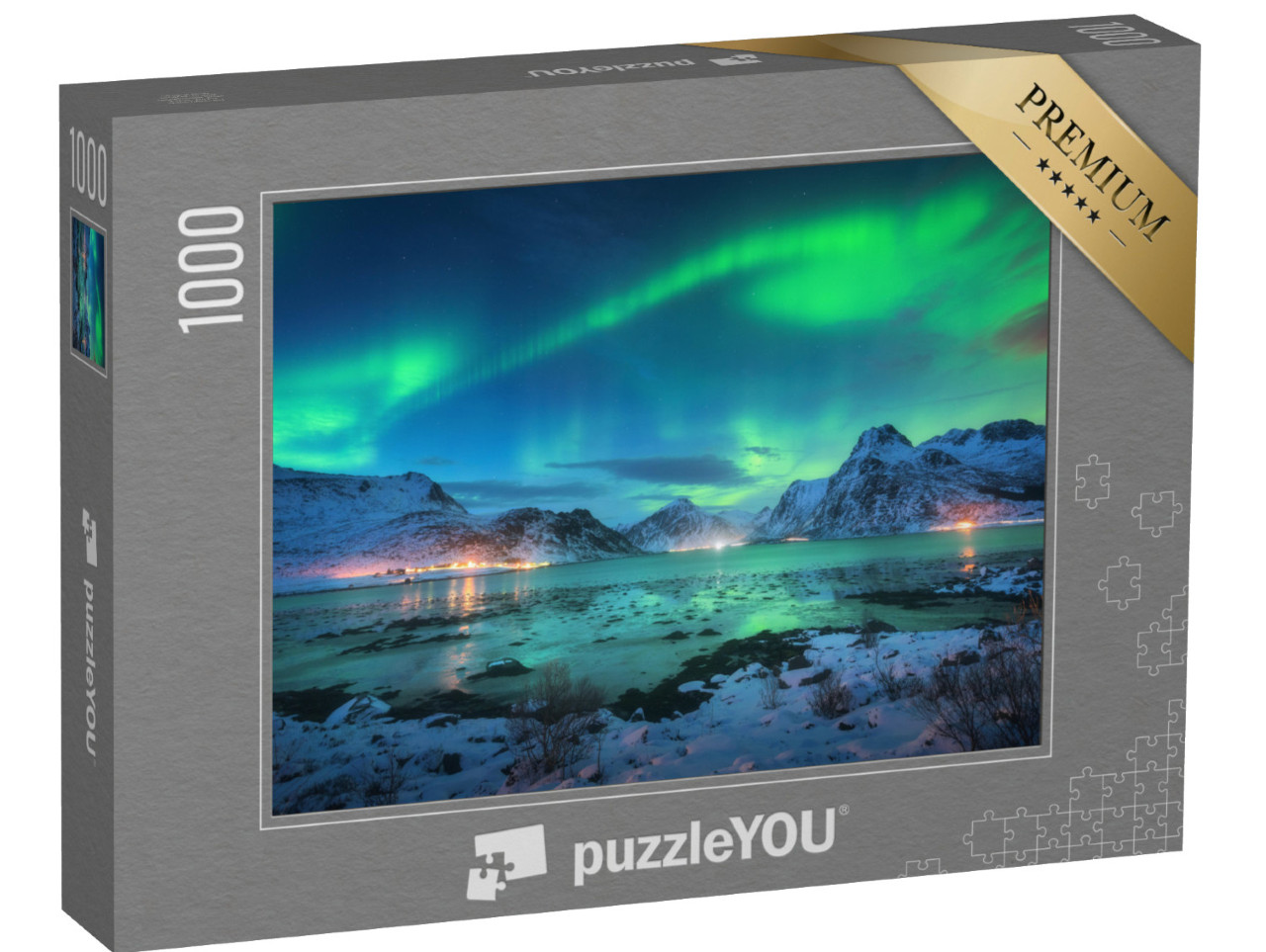 puzzle 1000 dílků „Polární záře nad mořským pobřežím se zasněženými horami, Lofoty“