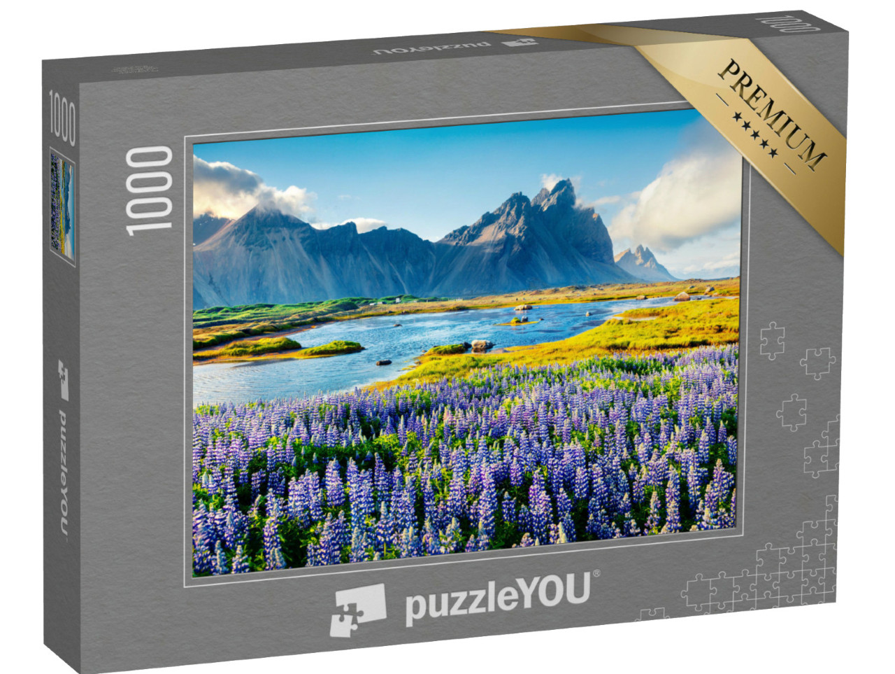 puzzle 1000 dílků „Kvetoucí lupiny na Vestrahornu na islandském pobřeží“