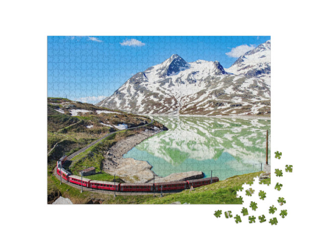 puzzle 1000 dílků „Vlak na krásném průsmyku Bernina ve Švýcarsku“