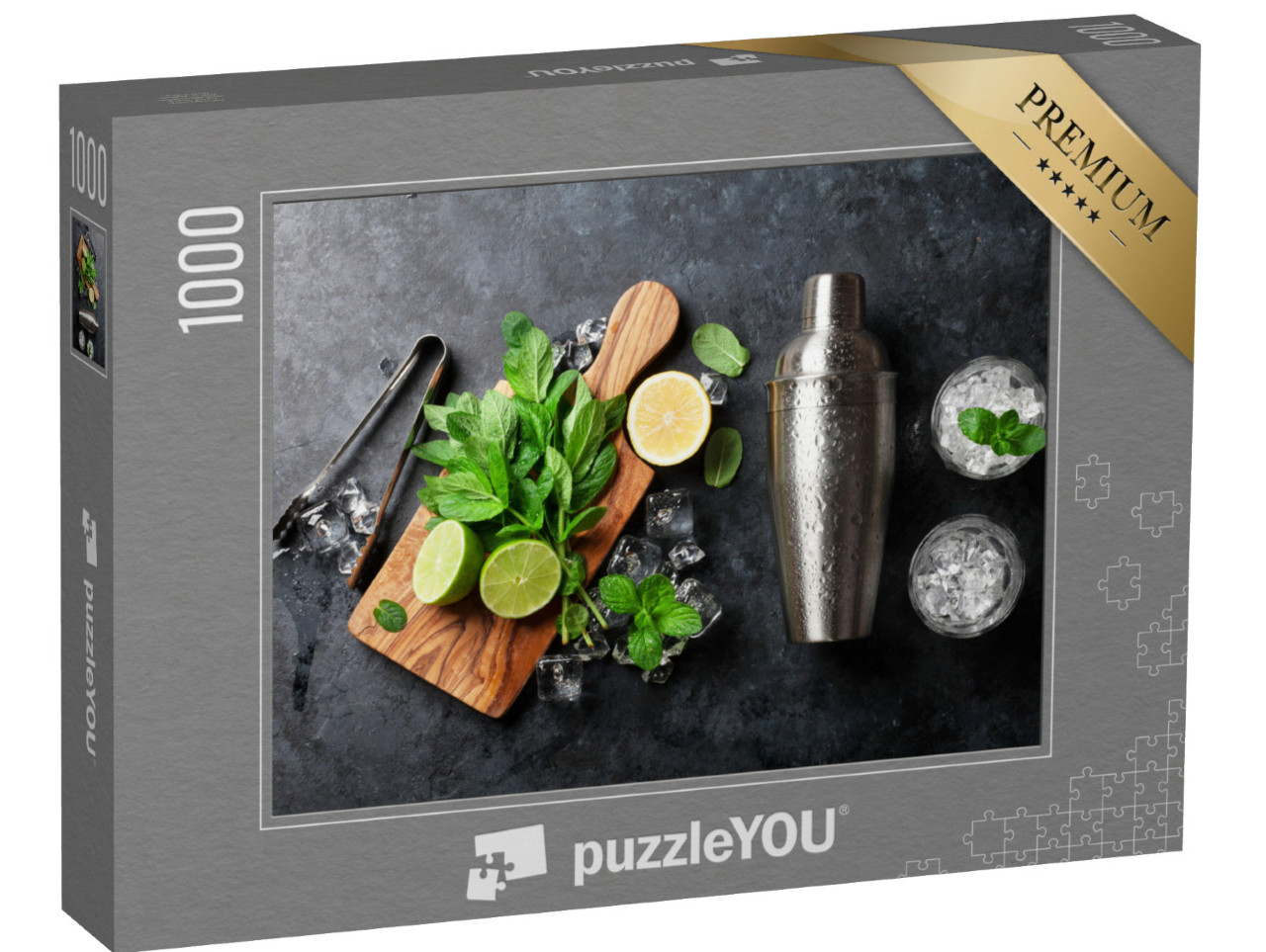 puzzle 1000 dílků „Ingredience na koktejl mojito: šejkr, máta, limetka, led.“