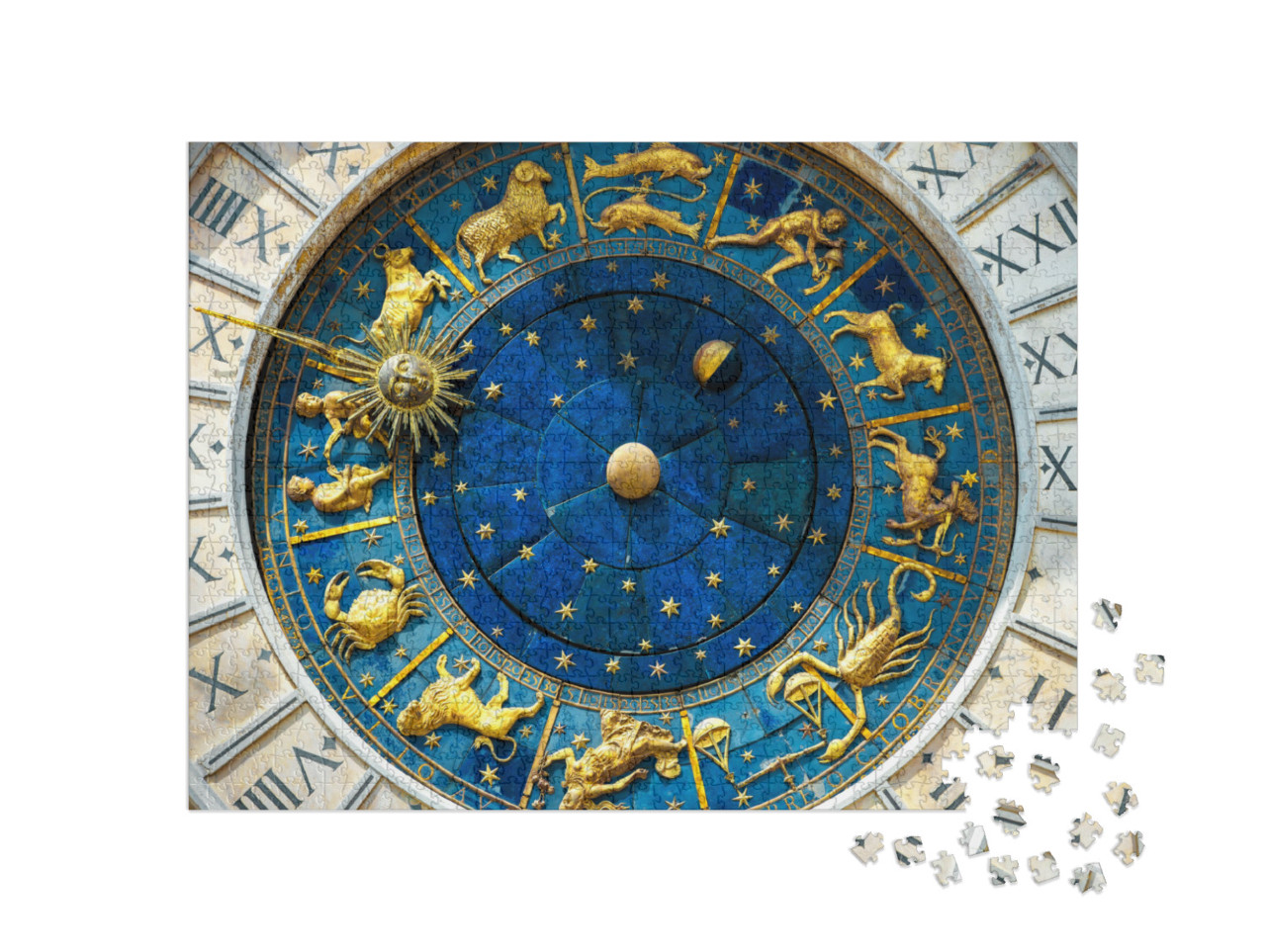 puzzle 1000 dílků „Astrologická znamení zvěrokruhu na starožitných hodinách“