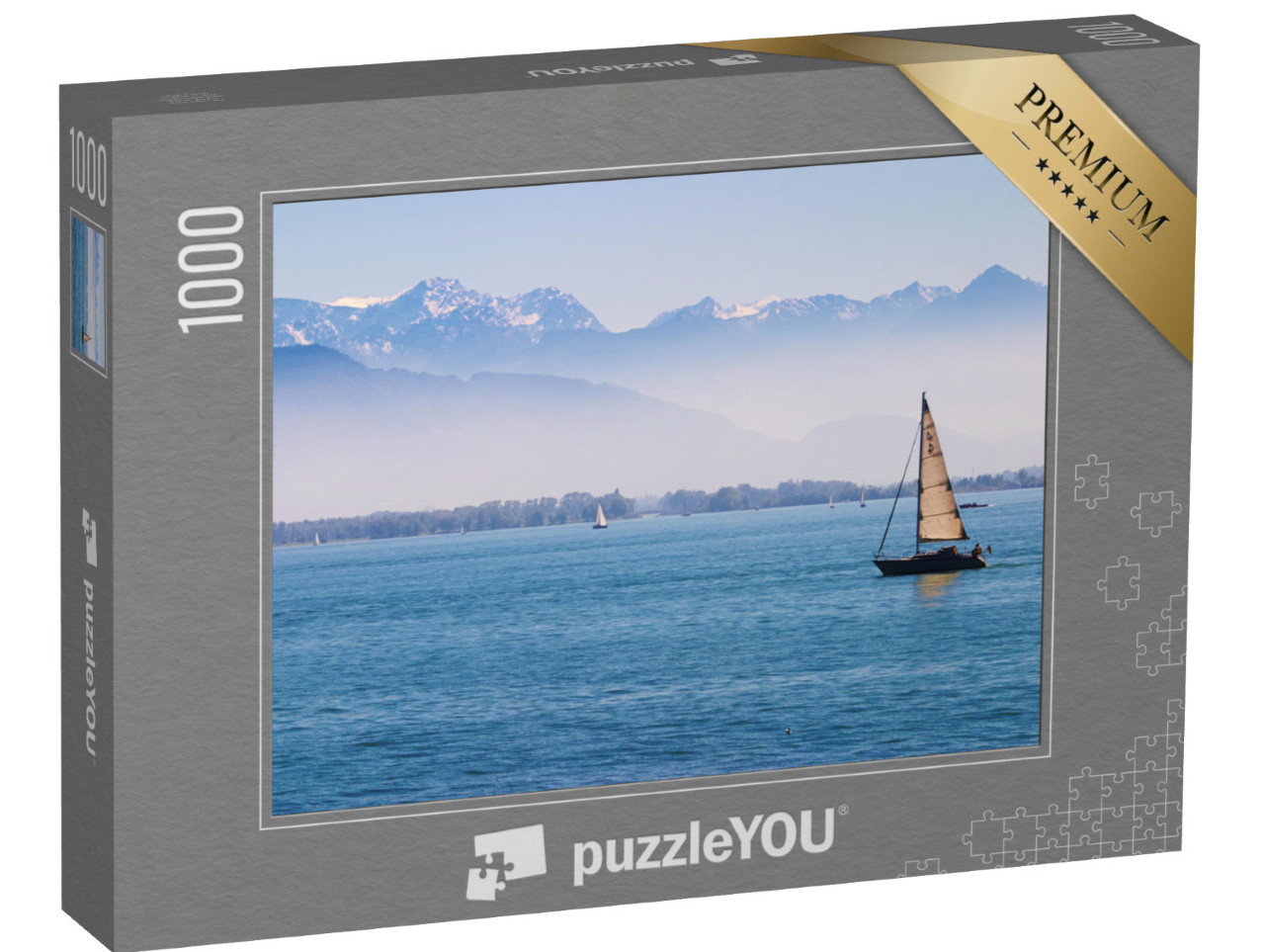 puzzle 1000 dílků „Lodě na Bodamském jezeře s Alpami v pozadí“