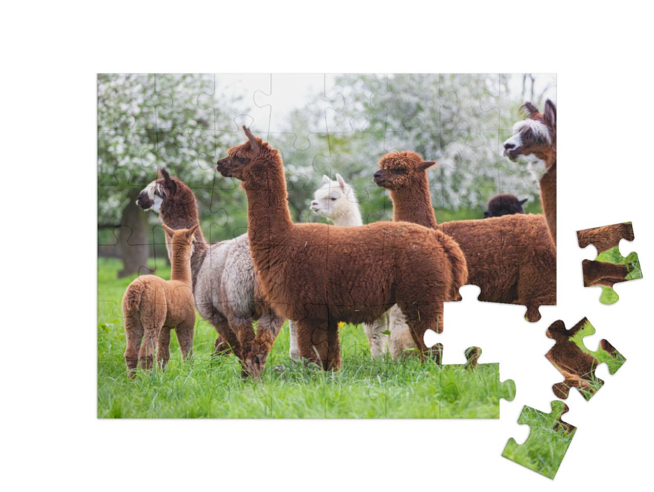 puzzle 48 dílků „Stádo alpak na jarní louce“