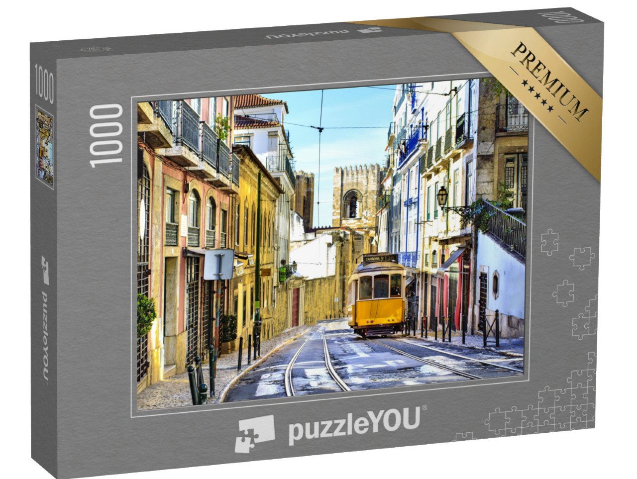 puzzle 1000 dílků „Ulice v Lisabonu s typickou žlutou tramvají“