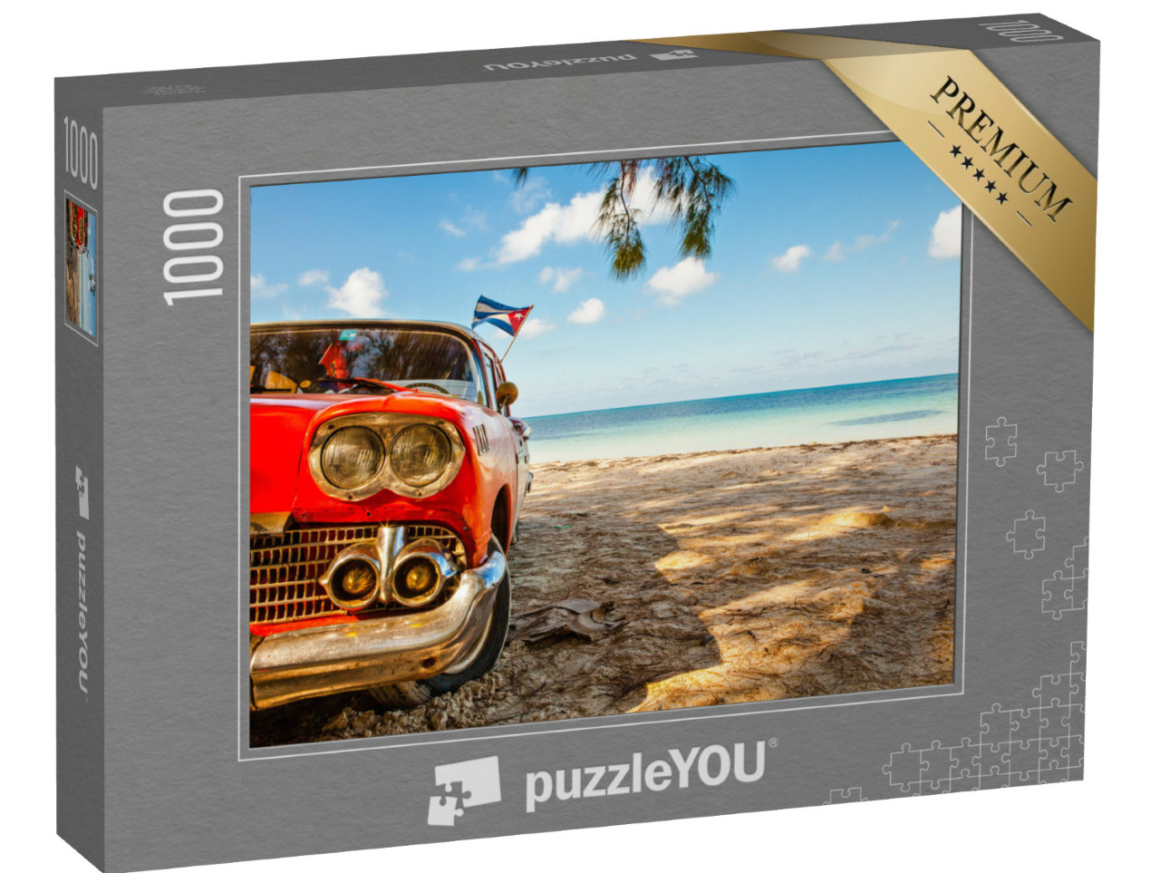 puzzle 1000 dílků „Americký klasický automobil na pláži Cayo Jutias na Kubě“