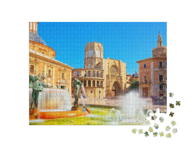 puzzle 1000 dílků „Malebná fontána před katedrálou ve Valencii, Španělsko“