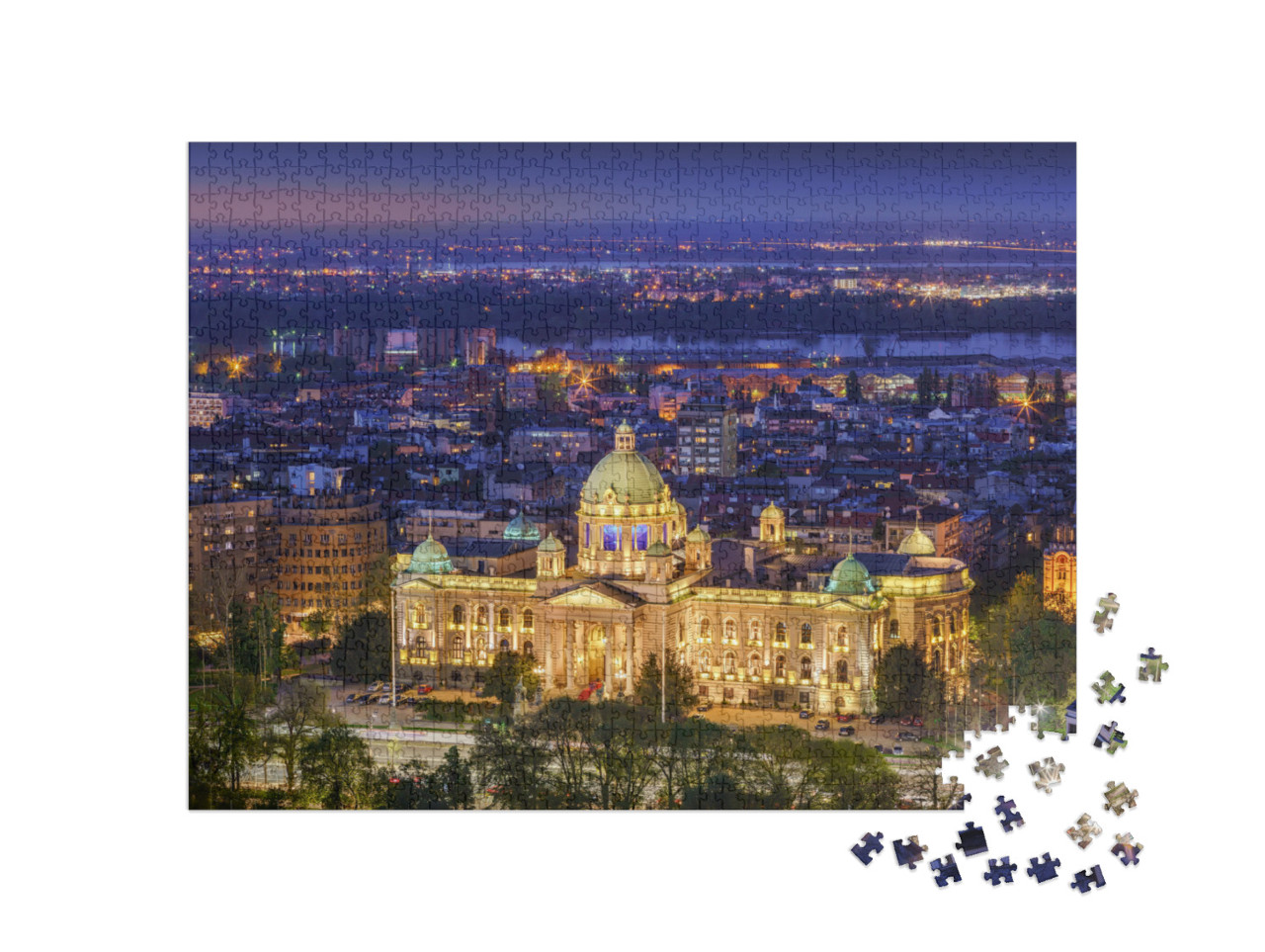 puzzle 1000 dílků „Národní shromáždění Republiky Srbsko v noci“