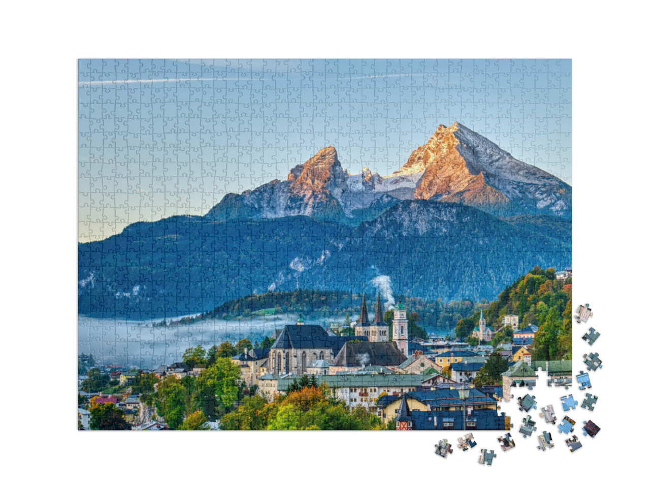 puzzle 1000 dílků XXL „Watzmann a město Berchtesgaden v Bavorských Alpách, Německo“