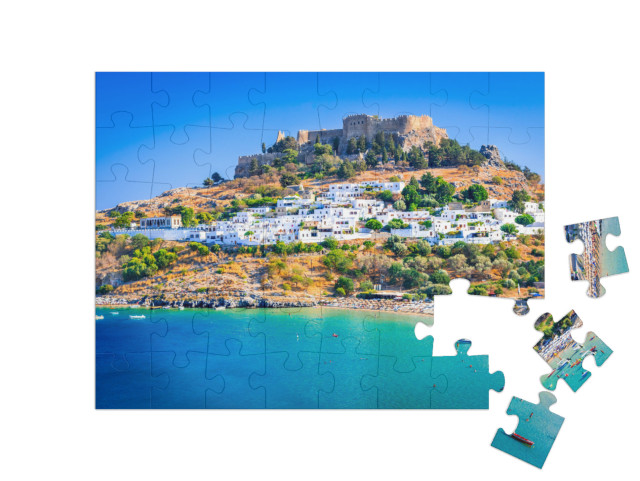 puzzle 48 dílků „Lindos s bělostnými domy, Rhodos, Řecko“