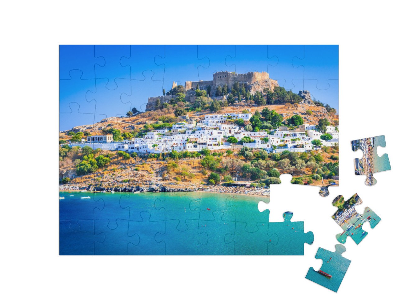 puzzle 48 dílků „Lindos s bělostnými domy, Rhodos, Řecko“