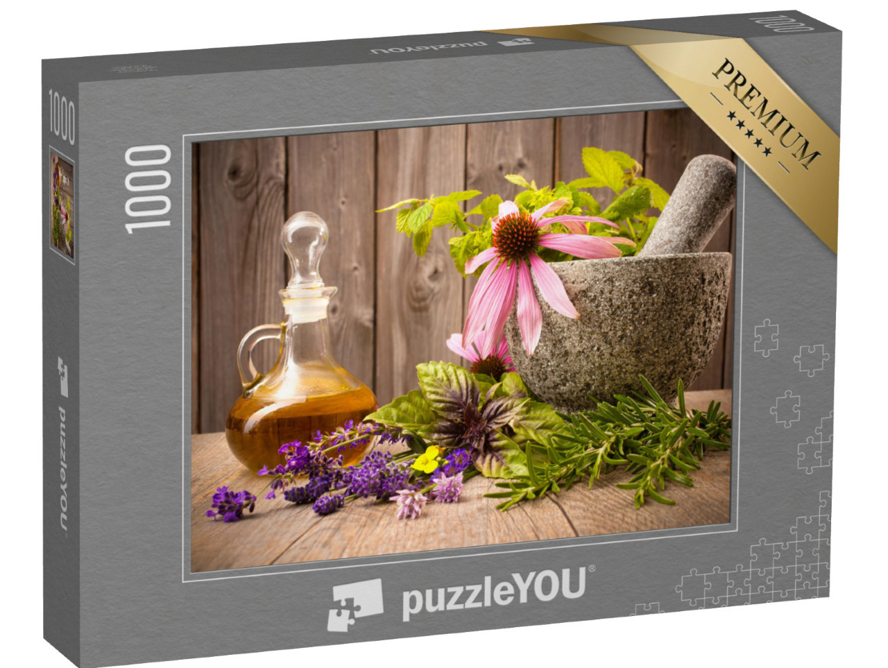 puzzle 1000 dílků „Léčivé byliny s hmoždířem a esenciálním olejem“